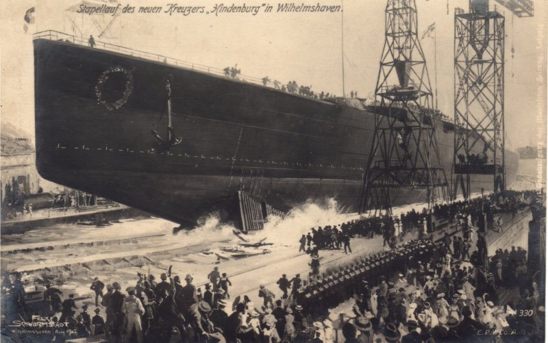 Postcard showing the launch of battlecruiser Hindenburg